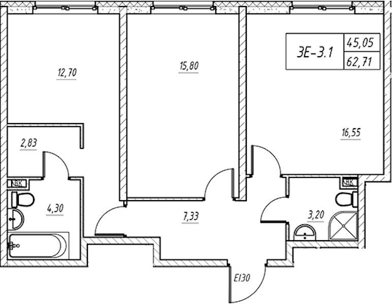 2-комнатная квартира 63.07 м², 12/14 эт., Комплекс апартаментов «Zoom на Неве»